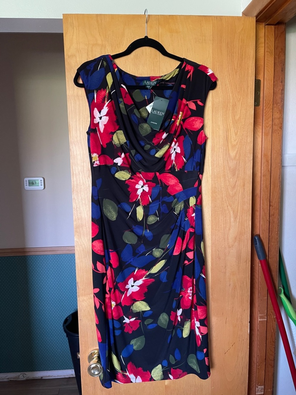 Ralph Lauren Black Floral Cowl-Neck Midi Dress with Red & Blue Blooms